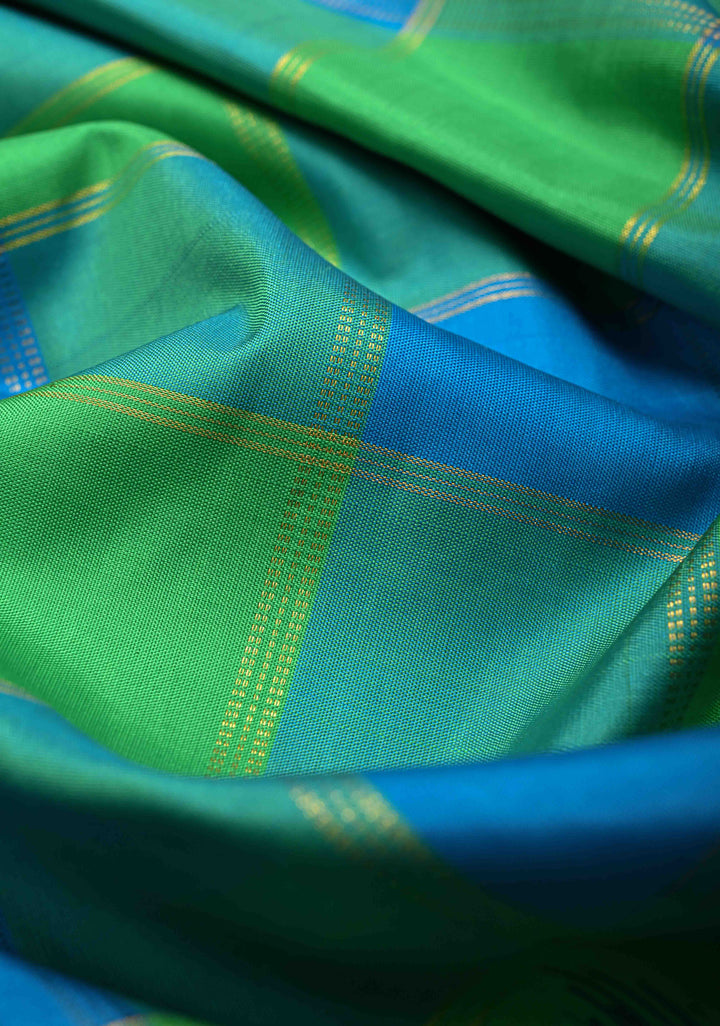 Green-Blue Checks Kanjivaram Silk Saree with Zari Stripes and Buttas on Wide Contrast Border | SILK MARK CERTIFIED