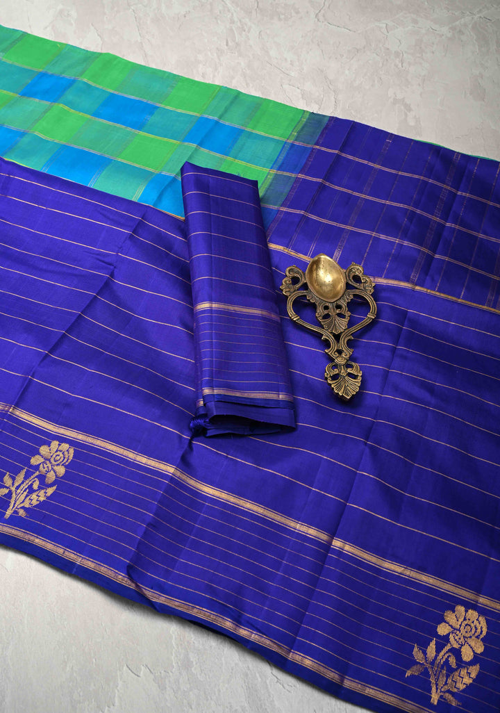 Green-Blue Checks Kanjivaram Silk Saree with Zari Stripes and Buttas on Wide Contrast Border | SILK MARK CERTIFIED