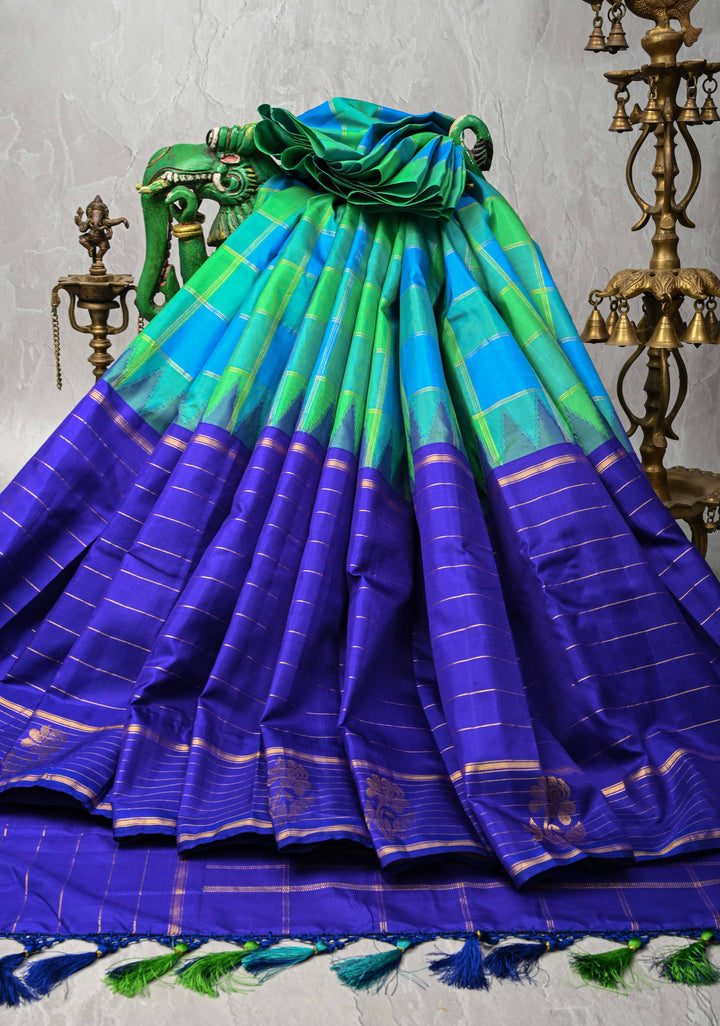 Green-Blue Checks Kanjivaram Silk Saree with Zari Stripes and Buttas on Wide Contrast Border | SILK MARK CERTIFIED