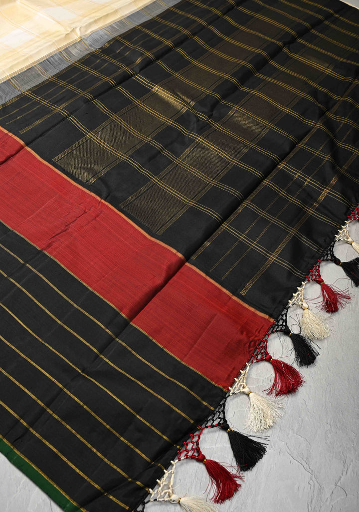 Heritage Kattam Cream Checks on Kanjivaram Pure Silk Saree with Temple Panel and Zari Stripes on Contrast Border | SILK MARK CERTIFIED