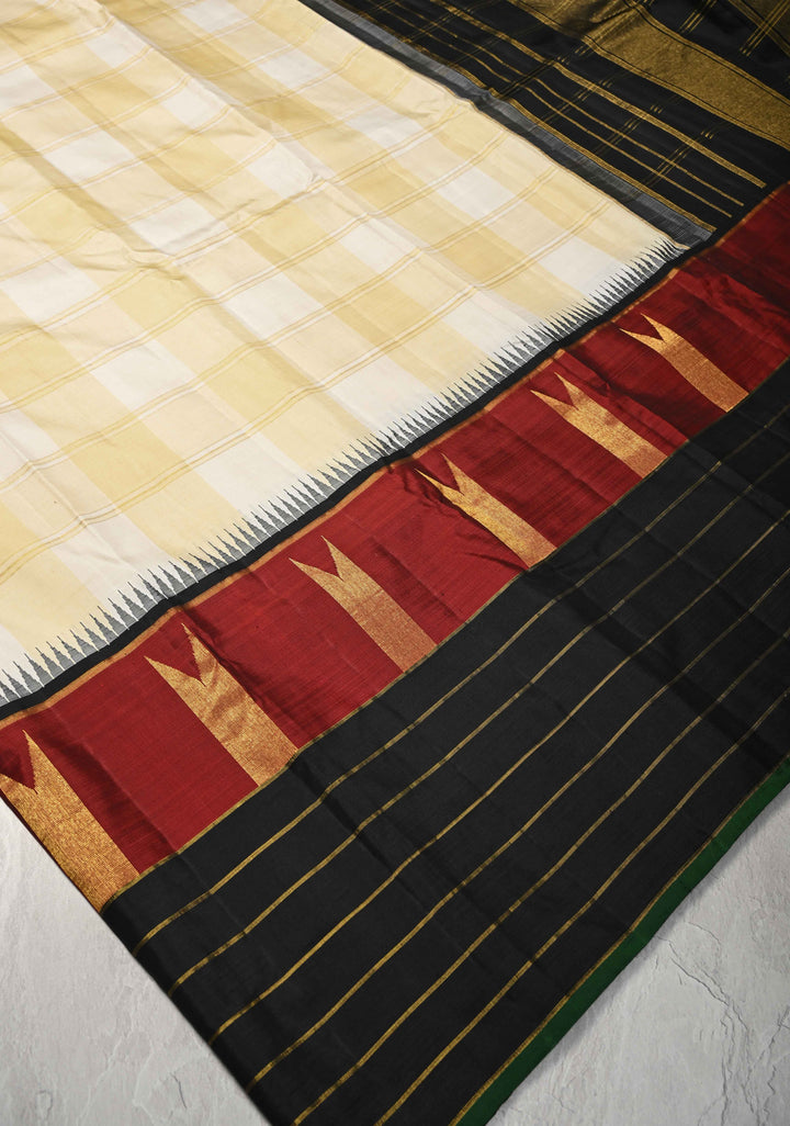 Heritage Kattam Cream Checks on Kanjivaram Pure Silk Saree with Temple Panel and Zari Stripes on Contrast Border | SILK MARK CERTIFIED