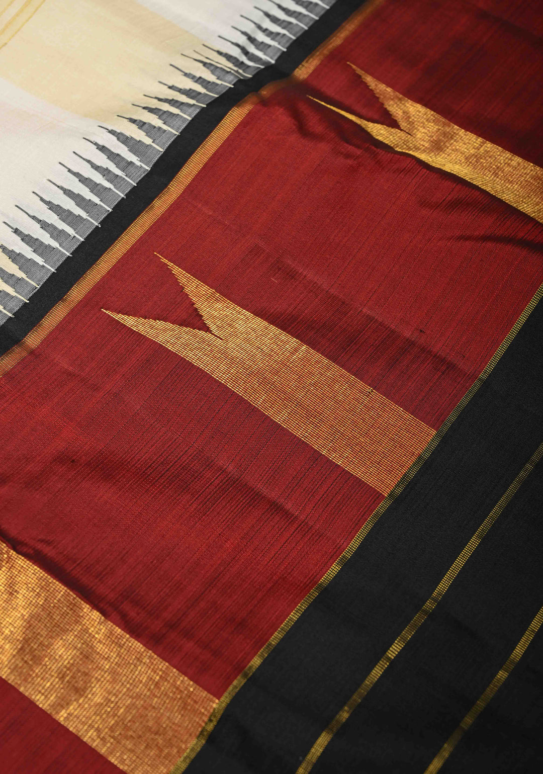Heritage Kattam Cream Checks on Kanjivaram Pure Silk Saree with Temple Panel and Zari Stripes on Contrast Border | SILK MARK CERTIFIED