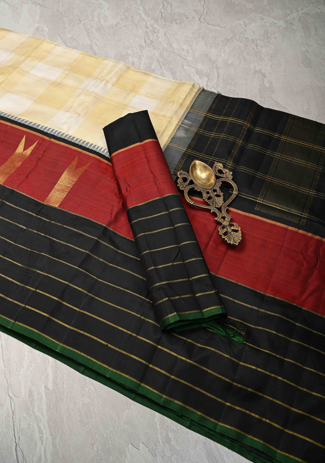 Heritage Kattam Cream Checks on Kanjivaram Pure Silk Saree with Temple Panel and Zari Stripes on Contrast Border | SILK MARK CERTIFIED