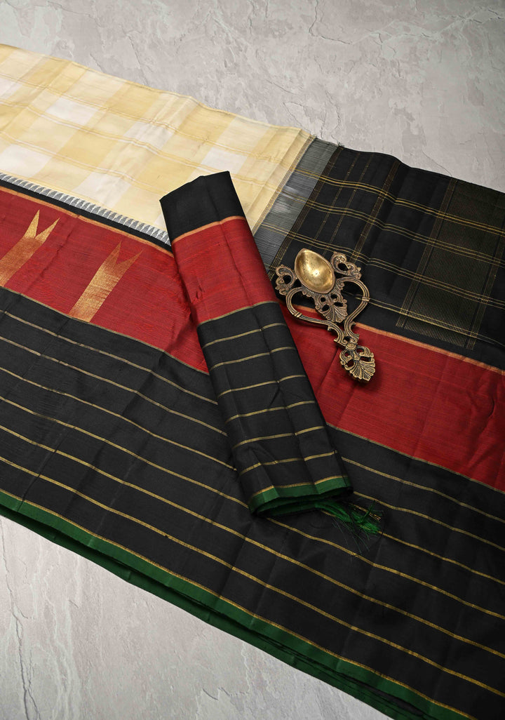 Heritage Kattam Cream Checks on Kanjivaram Pure Silk Saree with Temple Panel and Zari Stripes on Contrast Border | SILK MARK CERTIFIED