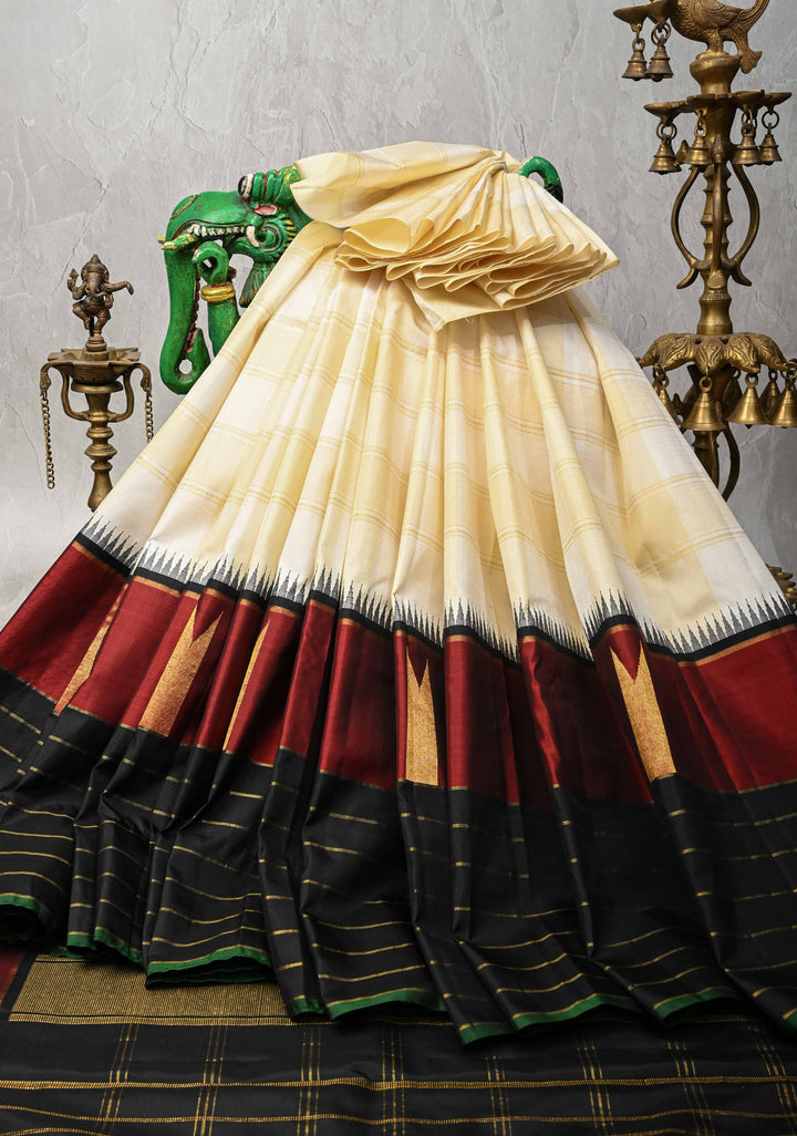 Heritage Kattam Cream Checks on Kanjivaram Pure Silk Saree with Temple Panel and Zari Stripes on Contrast Border | SILK MARK CERTIFIED