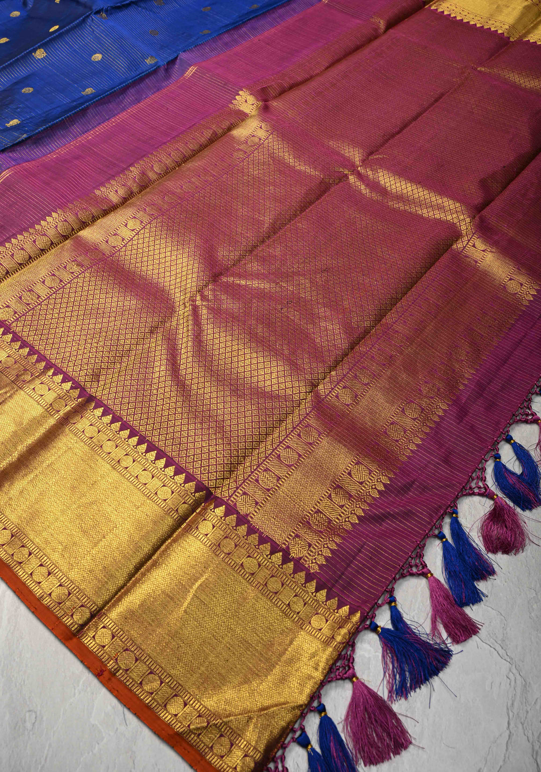 Korvai Blue Vairaoosi Zari Stripes on Kanjivaram Pure Silk Saree with Zari Buttas and Border | SILK MARK CERTIFIED