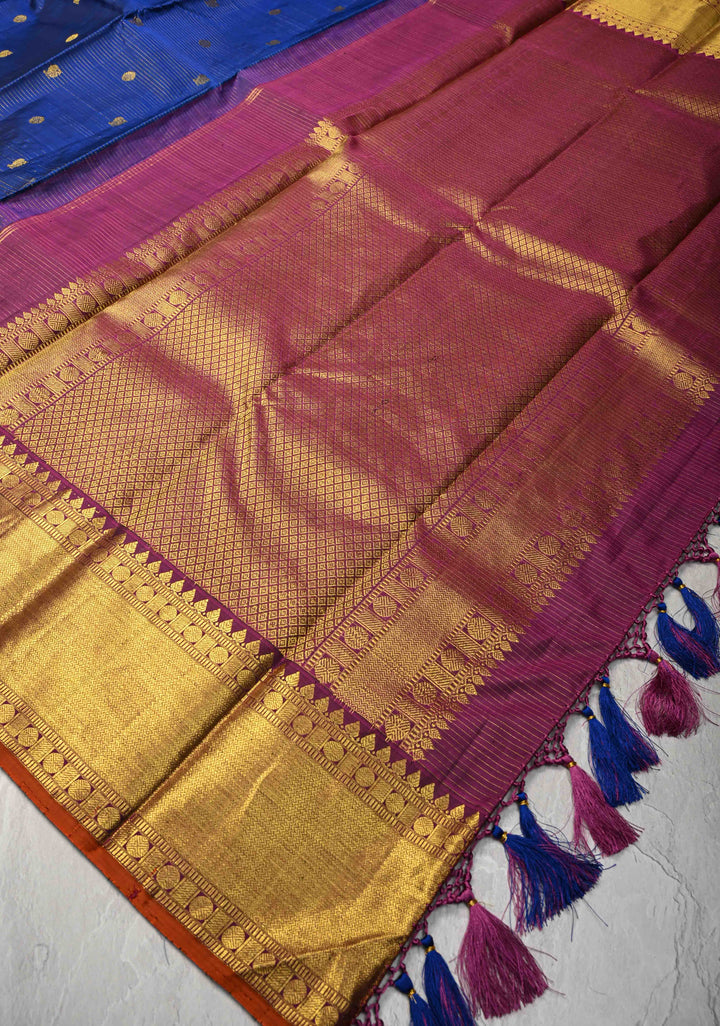 Korvai Blue Vairaoosi Zari Stripes on Kanjivaram Pure Silk Saree with Zari Buttas and Border | SILK MARK CERTIFIED
