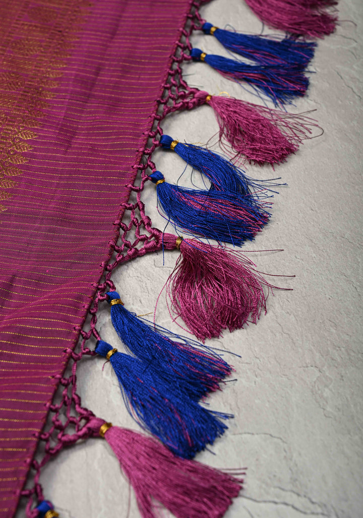 Korvai Blue Vairaoosi Zari Stripes on Kanjivaram Pure Silk Saree with Zari Buttas and Border | SILK MARK CERTIFIED