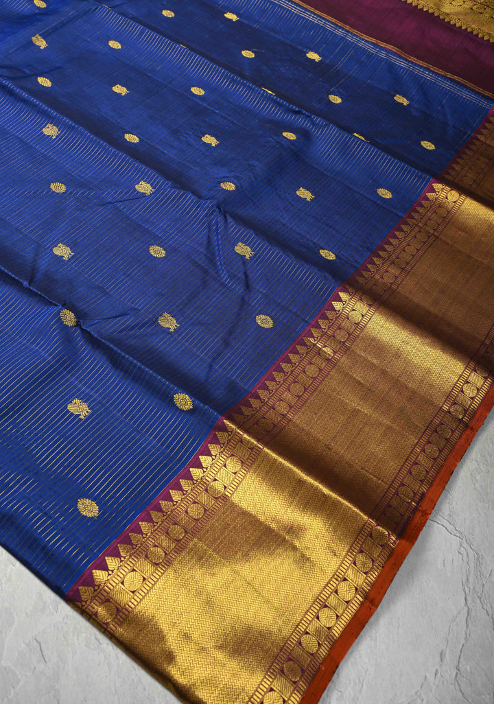 Korvai Blue Vairaoosi Zari Stripes on Kanjivaram Pure Silk Saree with Zari Buttas and Border | SILK MARK CERTIFIED