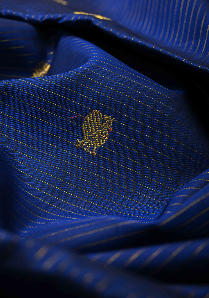Korvai Blue Vairaoosi Zari Stripes on Kanjivaram Pure Silk Saree with Zari Buttas and Border | SILK MARK CERTIFIED