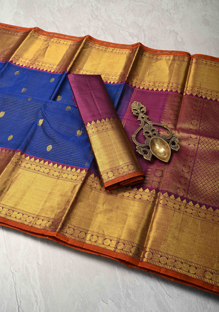 Korvai Blue Vairaoosi Zari Stripes on Kanjivaram Pure Silk Saree with Zari Buttas and Border | SILK MARK CERTIFIED