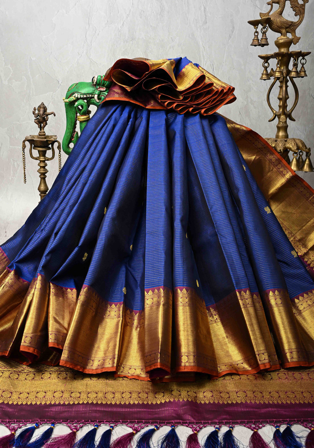 Korvai Blue Vairaoosi Zari Stripes on Kanjivaram Pure Silk Saree with Zari Buttas and Border | SILK MARK CERTIFIED