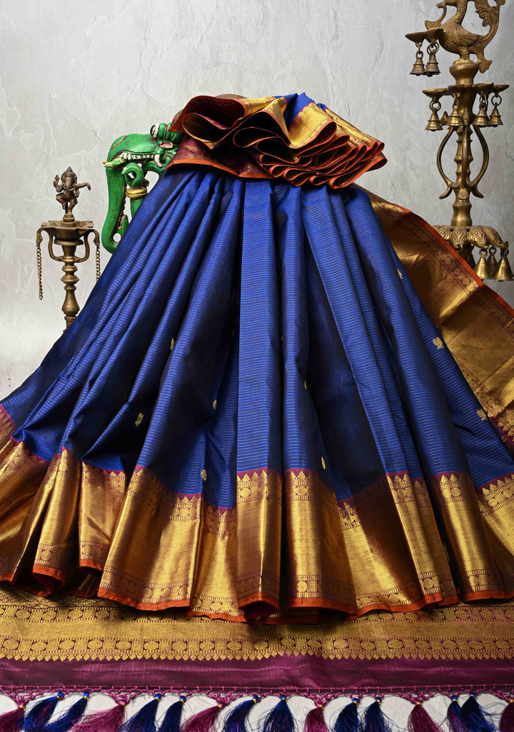 Korvai Blue Vairaoosi Zari Stripes on Kanjivaram Pure Silk Saree with Zari Buttas and Border | SILK MARK CERTIFIED