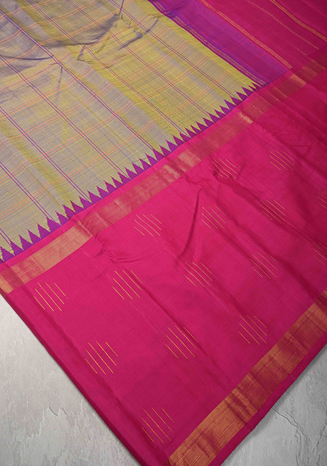 Sage Lilac dual tone Checks on Kanjivaram Silk Saree with Zari Butts on Contrast Wide Border | SILK MARK CERTIFIED