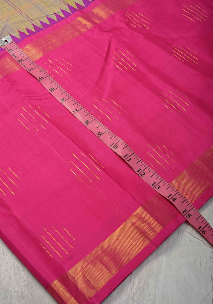 Sage Lilac dual tone Checks on Kanjivaram Silk Saree with Zari Butts on Contrast Wide Border | SILK MARK CERTIFIED
