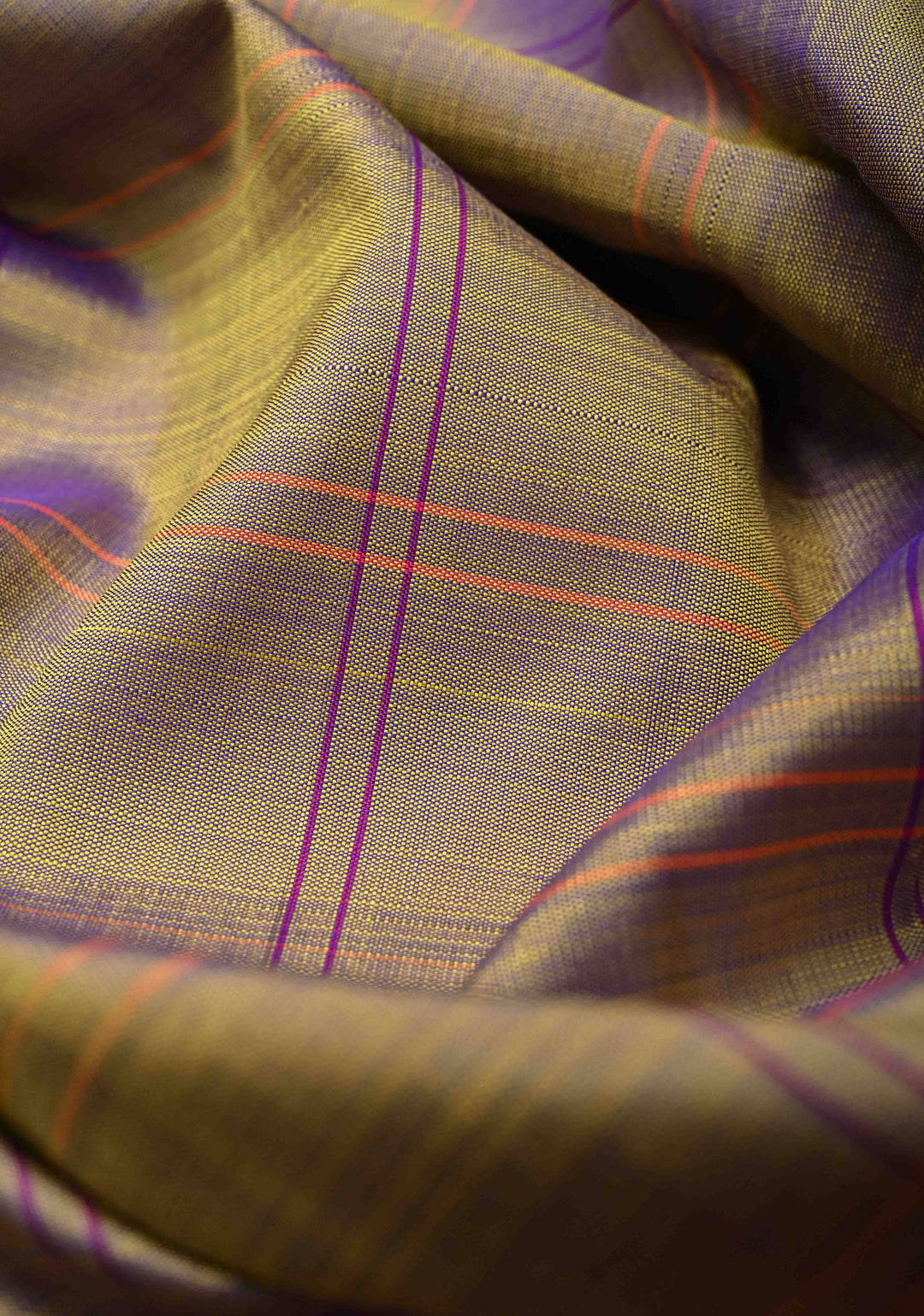 Sage Lilac dual tone Checks on Kanjivaram Silk Saree with Zari Butts on Contrast Wide Border | SILK MARK CERTIFIED