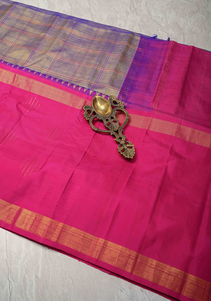 Sage Lilac dual tone Checks on Kanjivaram Silk Saree with Zari Butts on Contrast Wide Border | SILK MARK CERTIFIED