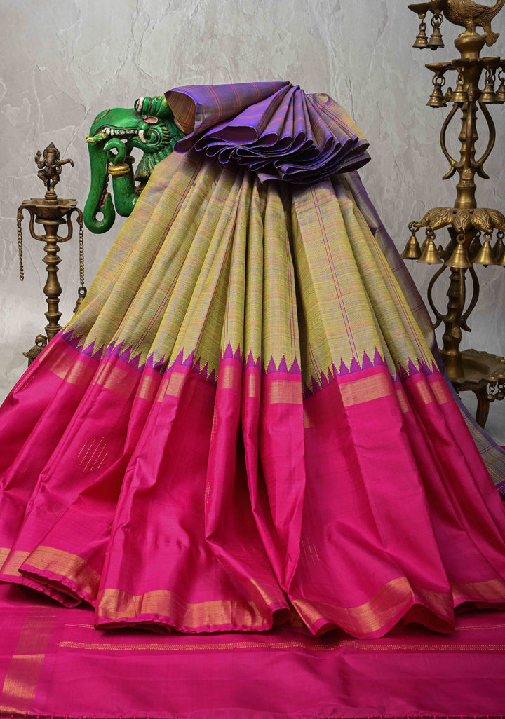 Sage Lilac dual tone Checks on Kanjivaram Silk Saree with Zari Butts on Contrast Wide Border | SILK MARK CERTIFIED