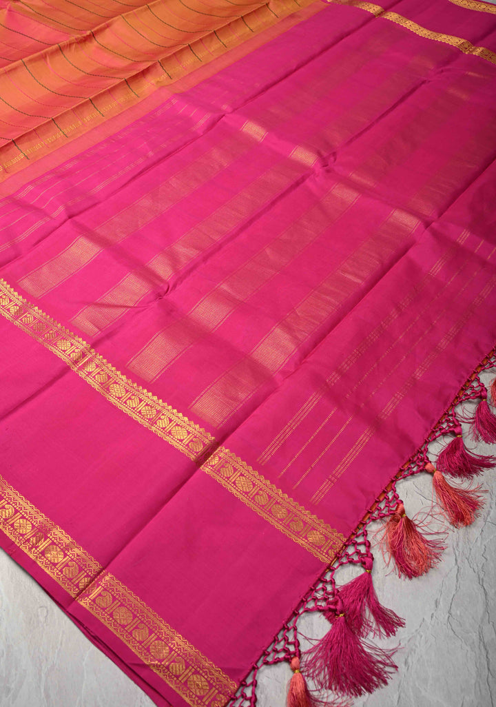Veldhari Orange Mustard Kanjivaram Pure Silk Handloom Saree with pink Rettaipet Borders| SILK MARK CERTIFIED