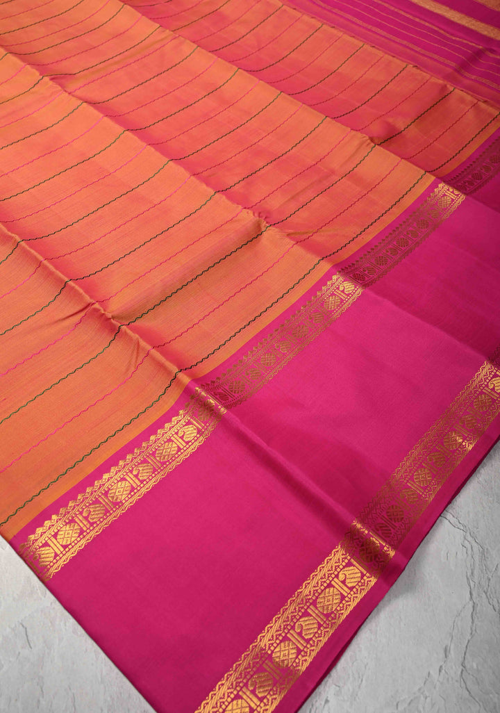 Veldhari Orange Mustard Kanjivaram Pure Silk Handloom Saree with pink Rettaipet Borders| SILK MARK CERTIFIED