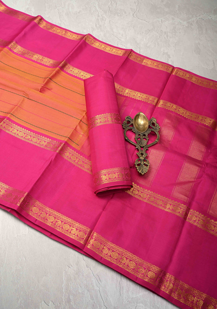 Veldhari Orange Mustard Kanjivaram Pure Silk Handloom Saree with pink Rettaipet Borders| SILK MARK CERTIFIED