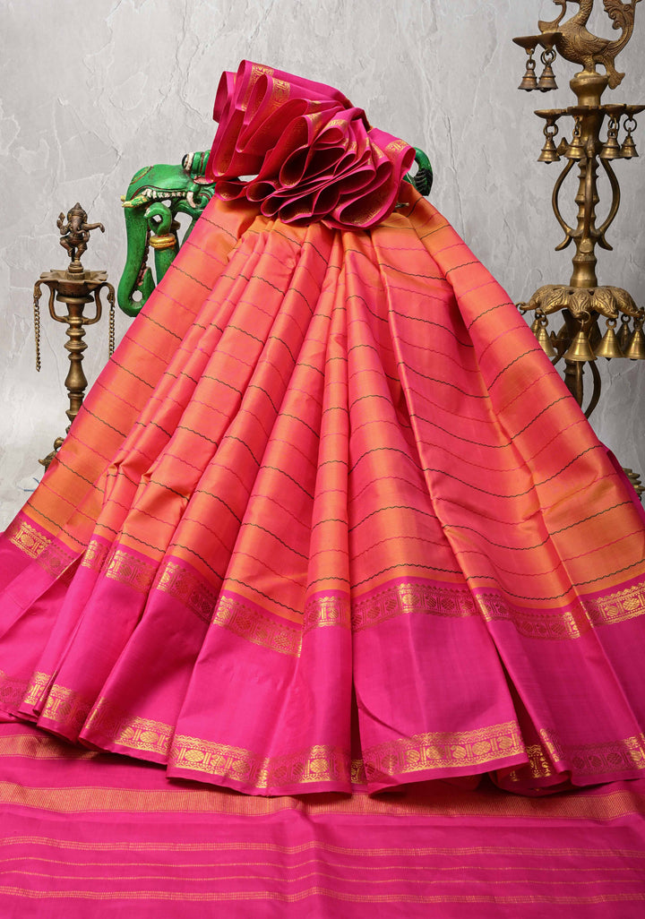 Veldhari Orange Mustard Kanjivaram Pure Silk Handloom Saree with pink Rettaipet Borders| SILK MARK CERTIFIED