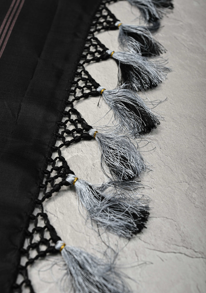 ECG Temple Border Gray Kanjivaram Pure Silk Saree with Zariless Black Temple Border | SILK MARK CERTIFIED