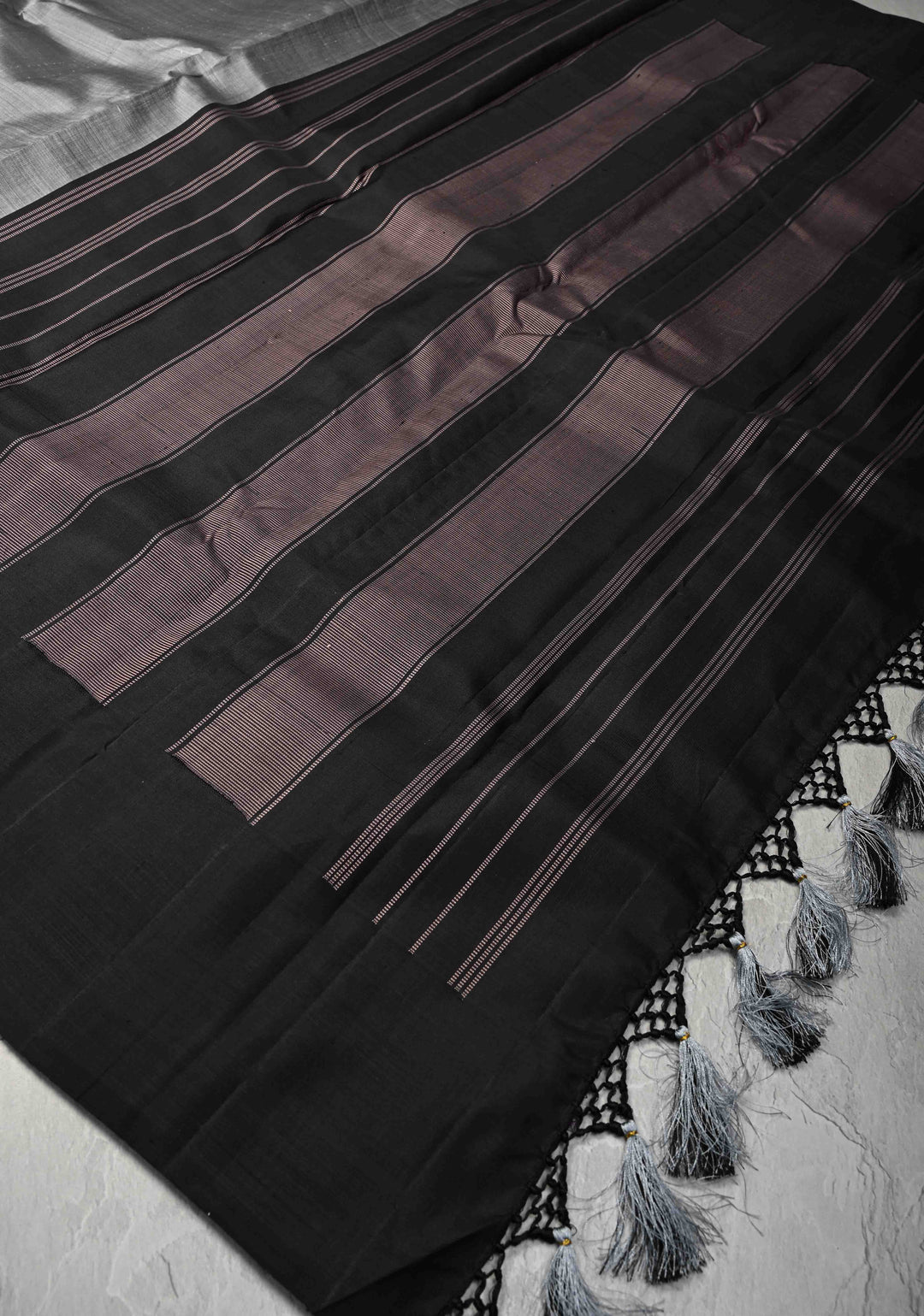 ECG Temple Border Gray Kanjivaram Pure Silk Saree with Zariless Black Temple Border | SILK MARK CERTIFIED