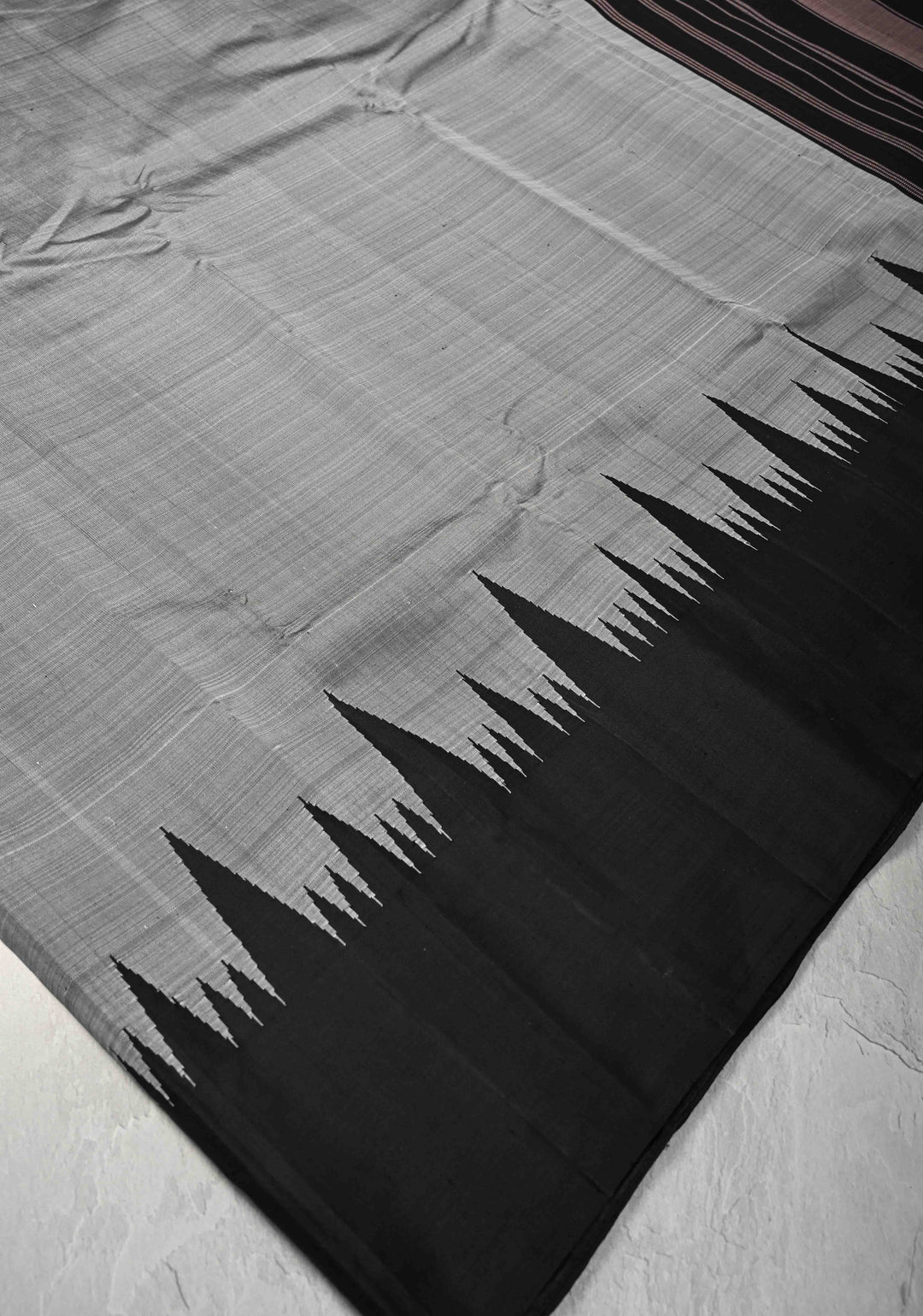 ECG Temple Border Gray Kanjivaram Pure Silk Saree with Zariless Black Temple Border | SILK MARK CERTIFIED