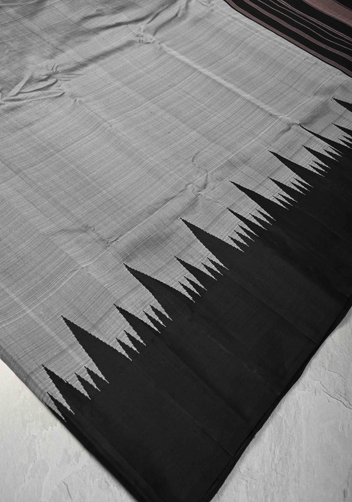 ECG Temple Border Gray Kanjivaram Pure Silk Saree with Zariless Black Temple Border | SILK MARK CERTIFIED