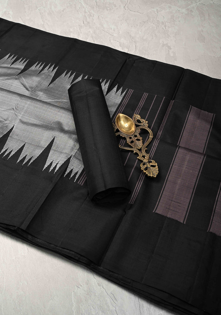 ECG Temple Border Gray Kanjivaram Pure Silk Saree with Zariless Black Temple Border | SILK MARK CERTIFIED