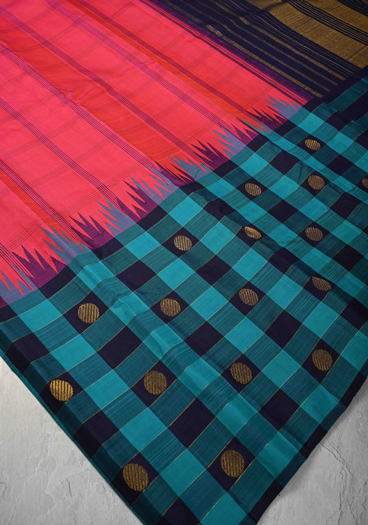 Heritage Kattam Pinkish Red  Kanjivaram Pure Silk Saree with Checks and Contrast Temple Border | SILK MARK CERTIFIED