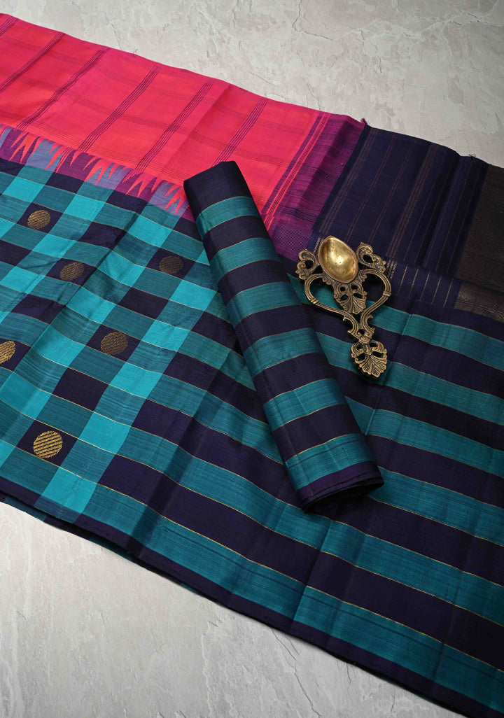 Heritage Kattam Pinkish Red  Kanjivaram Pure Silk Saree with Checks and Contrast Temple Border | SILK MARK CERTIFIED