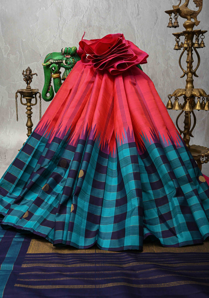 Heritage Kattam Pinkish Red  Kanjivaram Pure Silk Saree with Checks and Contrast Temple Border | SILK MARK CERTIFIED