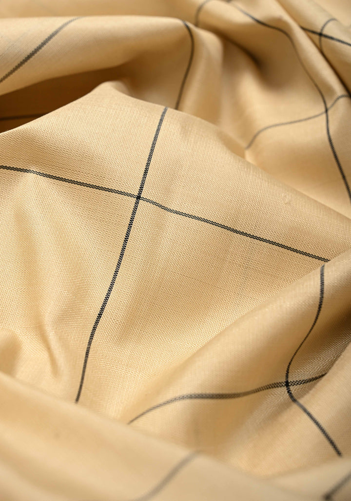 Beige Kanjivaram Pure Silk Saree with Silk Checks and Zari Buttas on Black Wide Border | SILK MARK CERTIFIED
