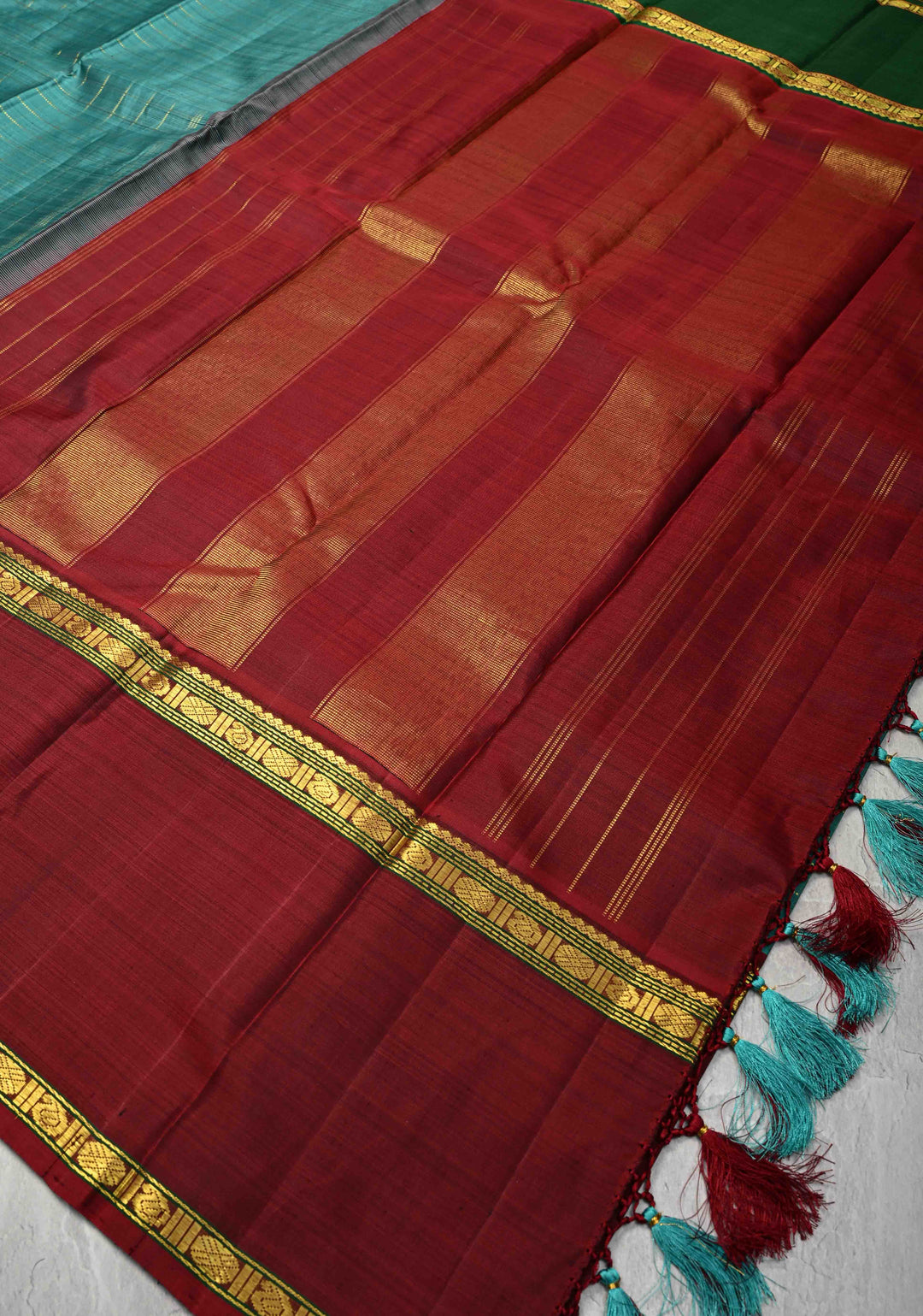 Dusky Rama Green Kanjivaram Pure Silk Saree with Zari Checks and Ganga Jamuna Rettaipet Border | SILK MARK CERTIFIED