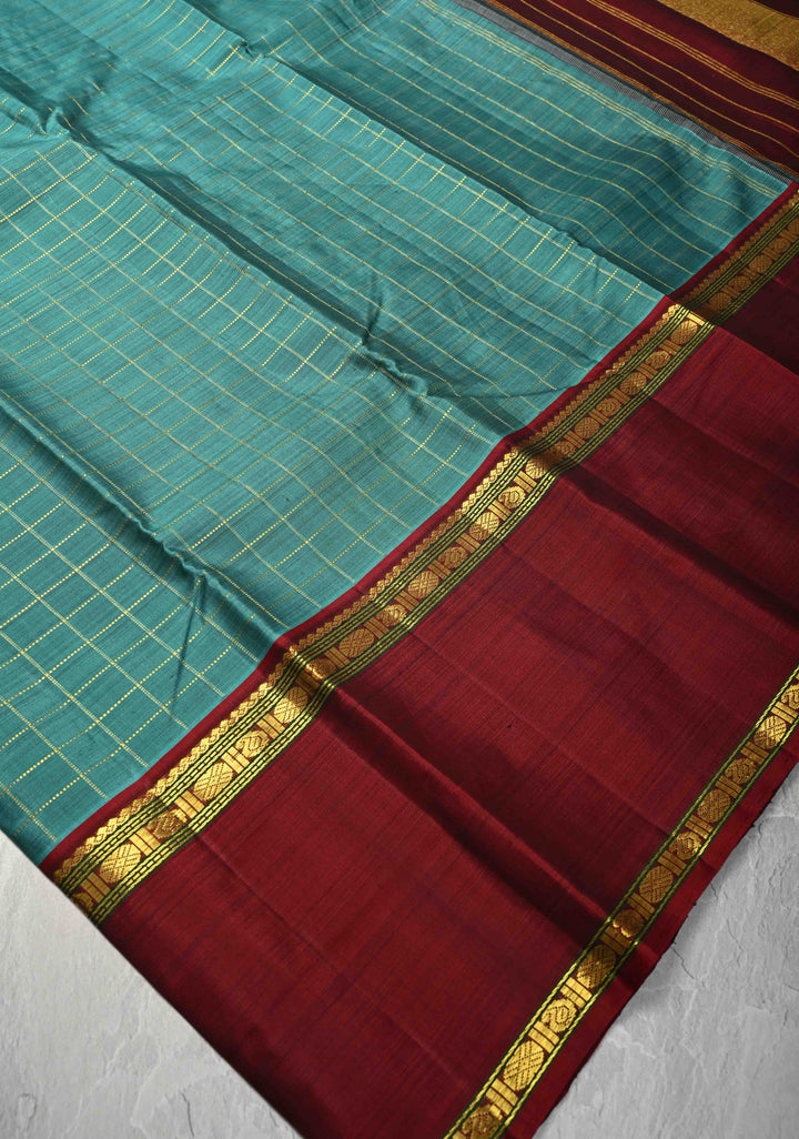 Dusky Rama Green Kanjivaram Pure Silk Saree with Zari Checks and Ganga Jamuna Rettaipet Border | SILK MARK CERTIFIED