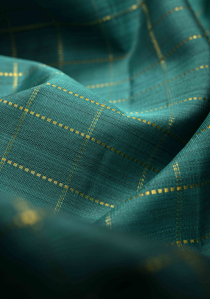 Dusky Rama Green Kanjivaram Pure Silk Saree with Zari Checks and Ganga Jamuna Rettaipet Border | SILK MARK CERTIFIED