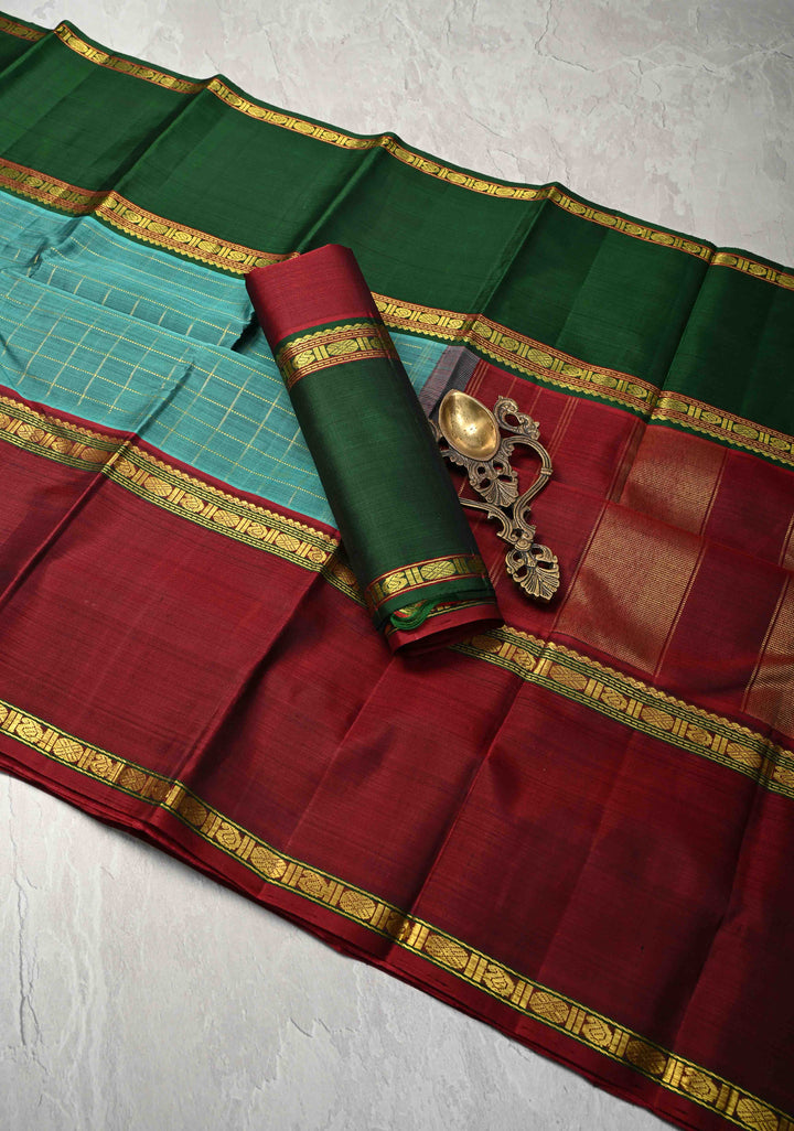 Dusky Rama Green Kanjivaram Pure Silk Saree with Zari Checks and Ganga Jamuna Rettaipet Border | SILK MARK CERTIFIED