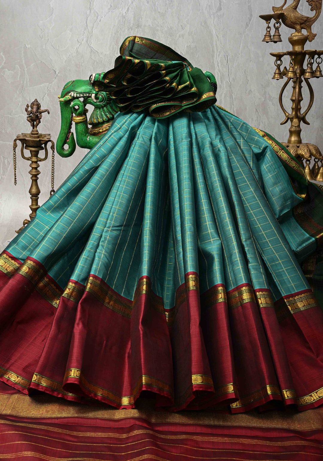 Dusky Rama Green Kanjivaram Pure Silk Saree with Zari Checks and Ganga Jamuna Rettaipet Border | SILK MARK CERTIFIED
