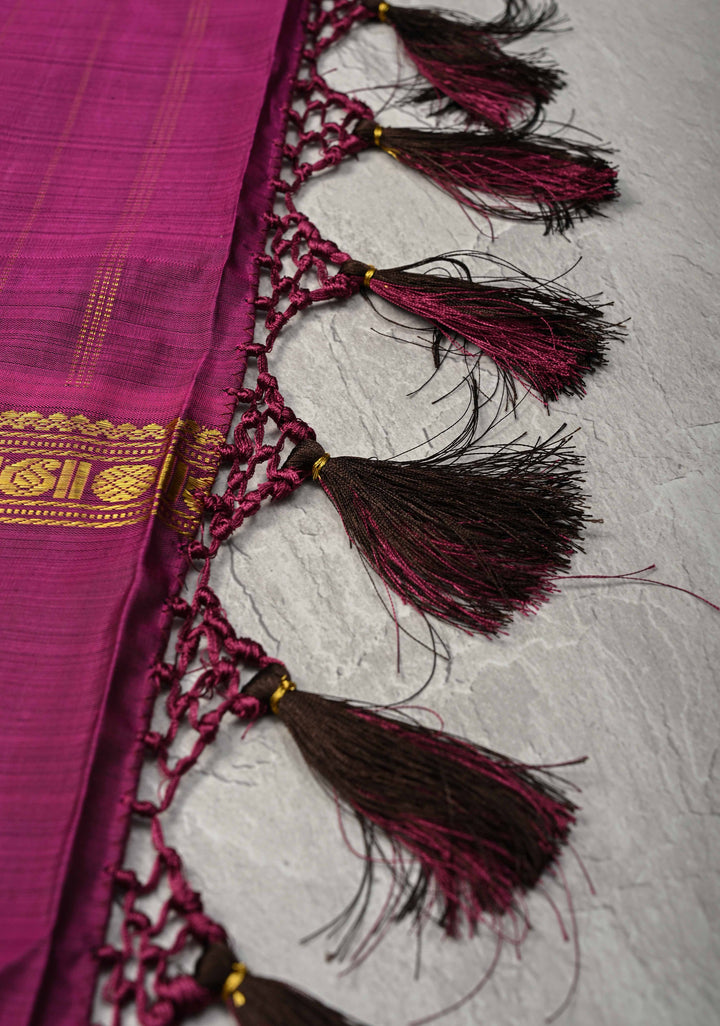 Coco Brown Kanjivaram Pure Silk Saree with Zari Checks and Ganga Jamuna Rettaipet Border | SILK MARK CERTIFIED