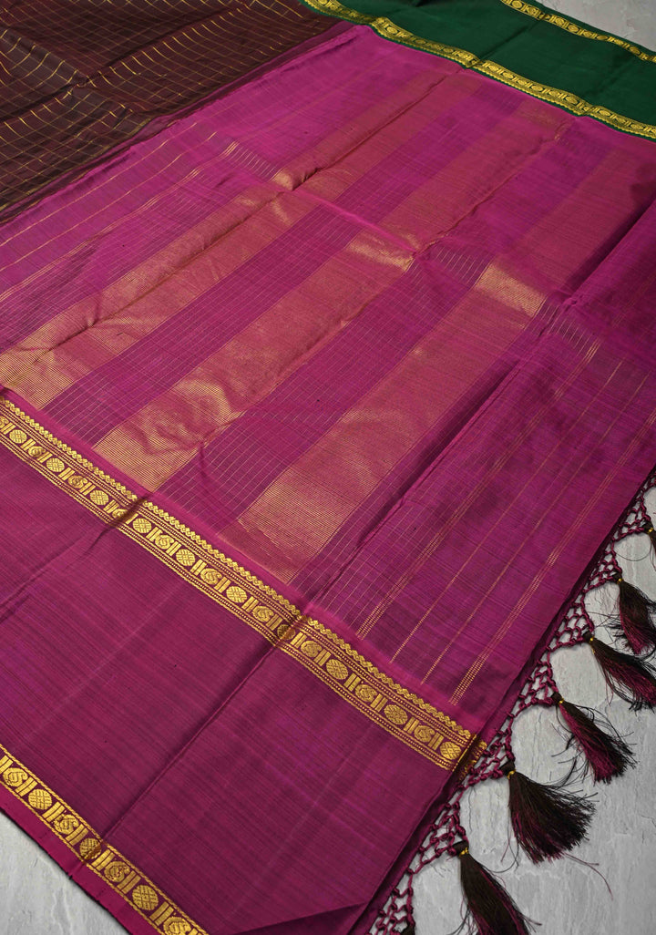Coco Brown Kanjivaram Pure Silk Saree with Zari Checks and Ganga Jamuna Rettaipet Border | SILK MARK CERTIFIED