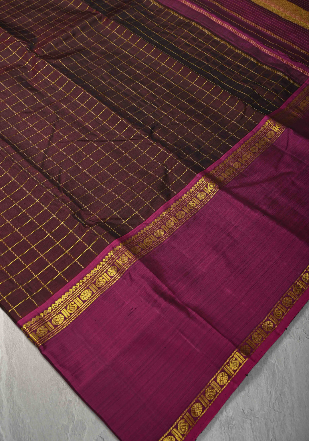 Coco Brown Kanjivaram Pure Silk Saree with Zari Checks and Ganga Jamuna Rettaipet Border | SILK MARK CERTIFIED