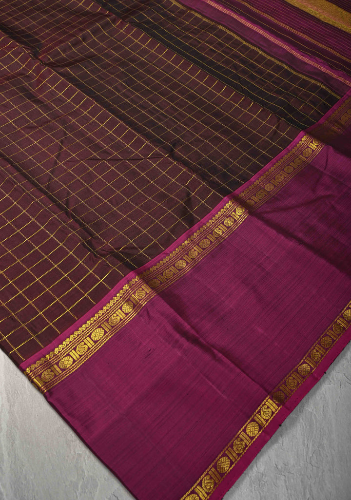 Coco Brown Kanjivaram Pure Silk Saree with Zari Checks and Ganga Jamuna Rettaipet Border | SILK MARK CERTIFIED
