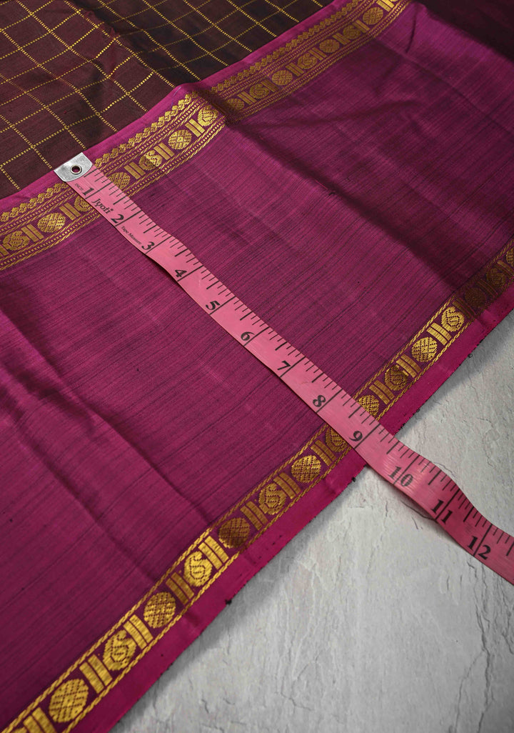 Coco Brown Kanjivaram Pure Silk Saree with Zari Checks and Ganga Jamuna Rettaipet Border | SILK MARK CERTIFIED