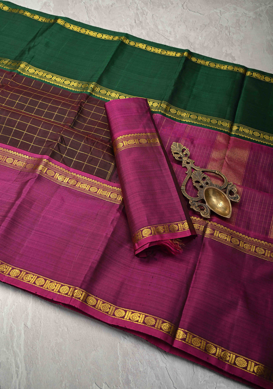Coco Brown Kanjivaram Pure Silk Saree with Zari Checks and Ganga Jamuna Rettaipet Border | SILK MARK CERTIFIED