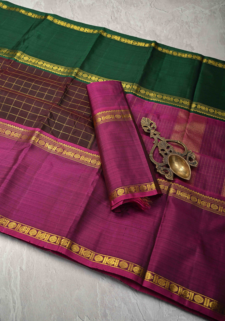 Coco Brown Kanjivaram Pure Silk Saree with Zari Checks and Ganga Jamuna Rettaipet Border | SILK MARK CERTIFIED