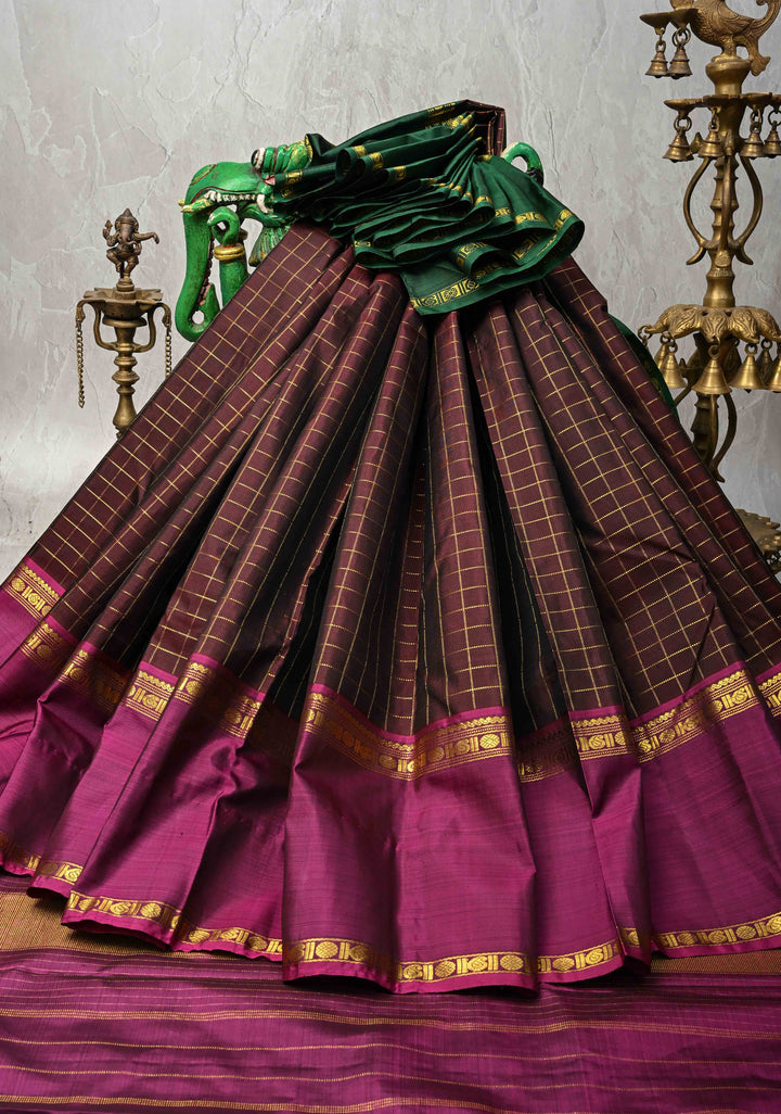 Coco Brown Kanjivaram Pure Silk Saree with Zari Checks and Ganga Jamuna Rettaipet Border | SILK MARK CERTIFIED