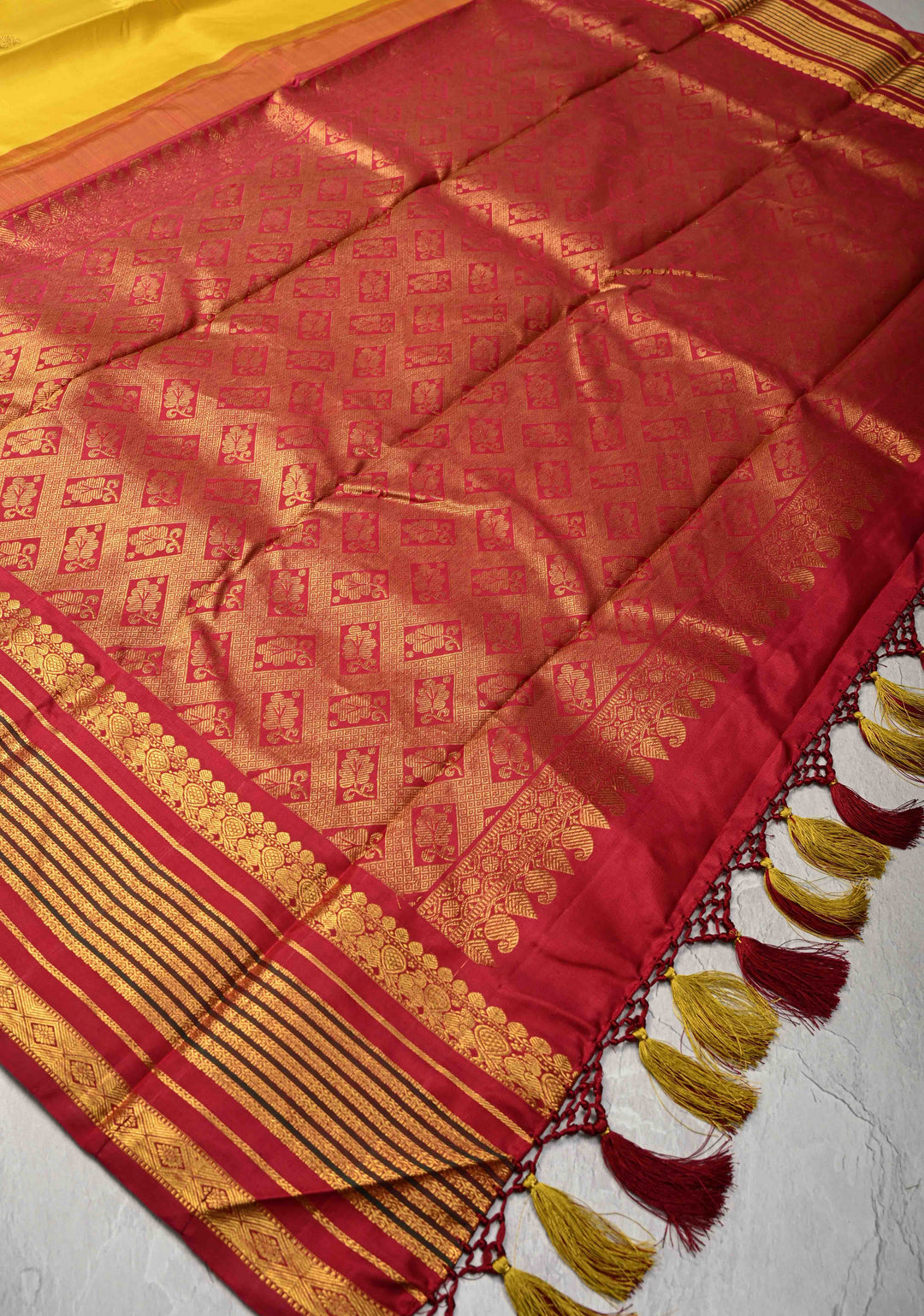 Korvai Weave Yellow Kanjivaram Pure Silk Saree with Zari Buttas and Contrast Zari Border | SILK MARK CERTIFIED