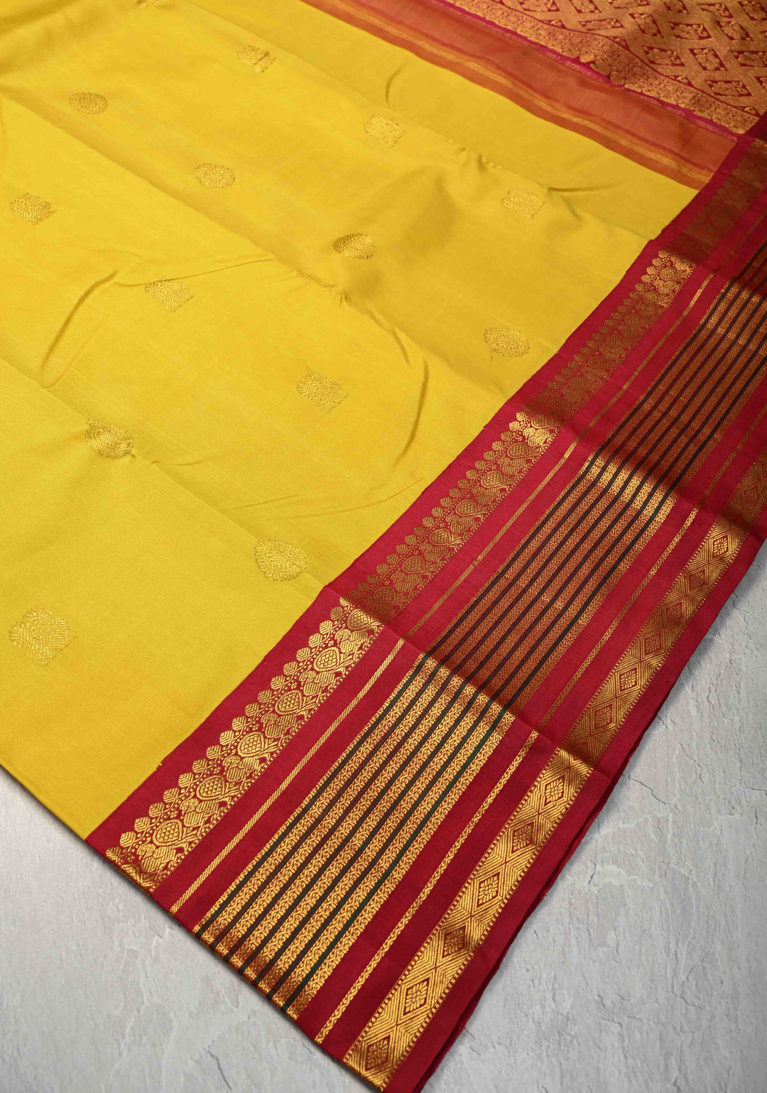 Korvai Weave Yellow Kanjivaram Pure Silk Saree with Zari Buttas and Contrast Zari Border | SILK MARK CERTIFIED